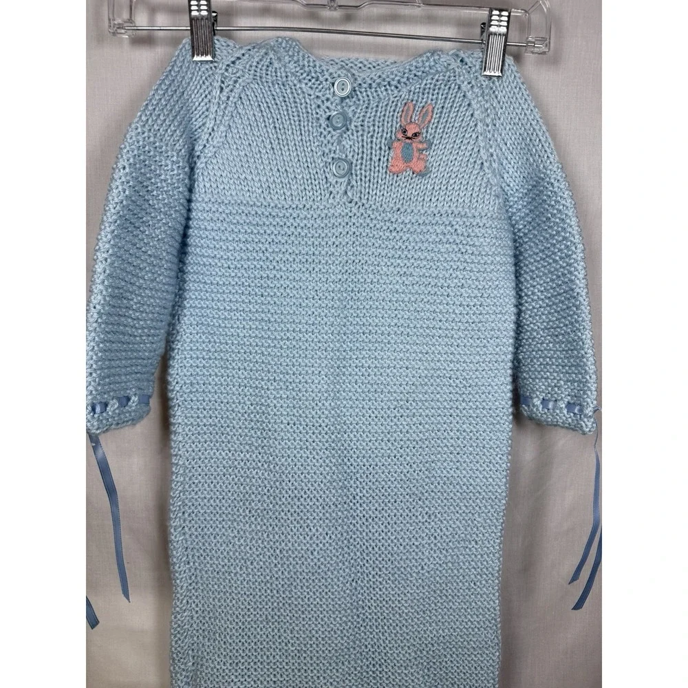 Vintage Baby‎ Blue Hand Knit Bunny Gown Sleeper Newborn Infant Dainty